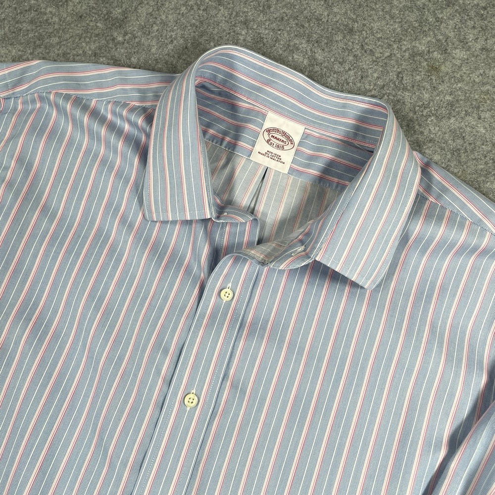 Brooks Brothers Mens Dress Shirt 26.5 Blue Pink Stripe Non-Iron Cotton Makers